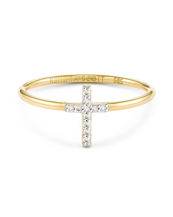Cross 14k Yellow Gold Band Ring in White Diamond